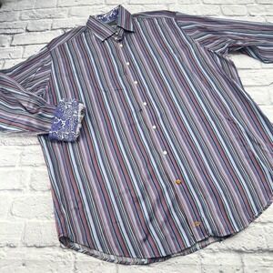 Thomas Dean Mens XXL Long Sleeve Button Up Shirt Blue Multi Stripe Flip Cuff